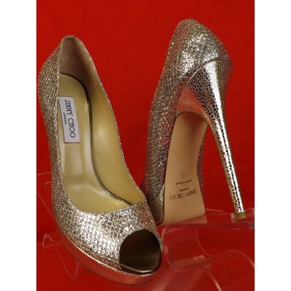NIB JIMMY CHOO CROWN CHAMPAGNE GLITTER FABRIC PEEP TOE PLATFORM PUMPS 40.5 10.5